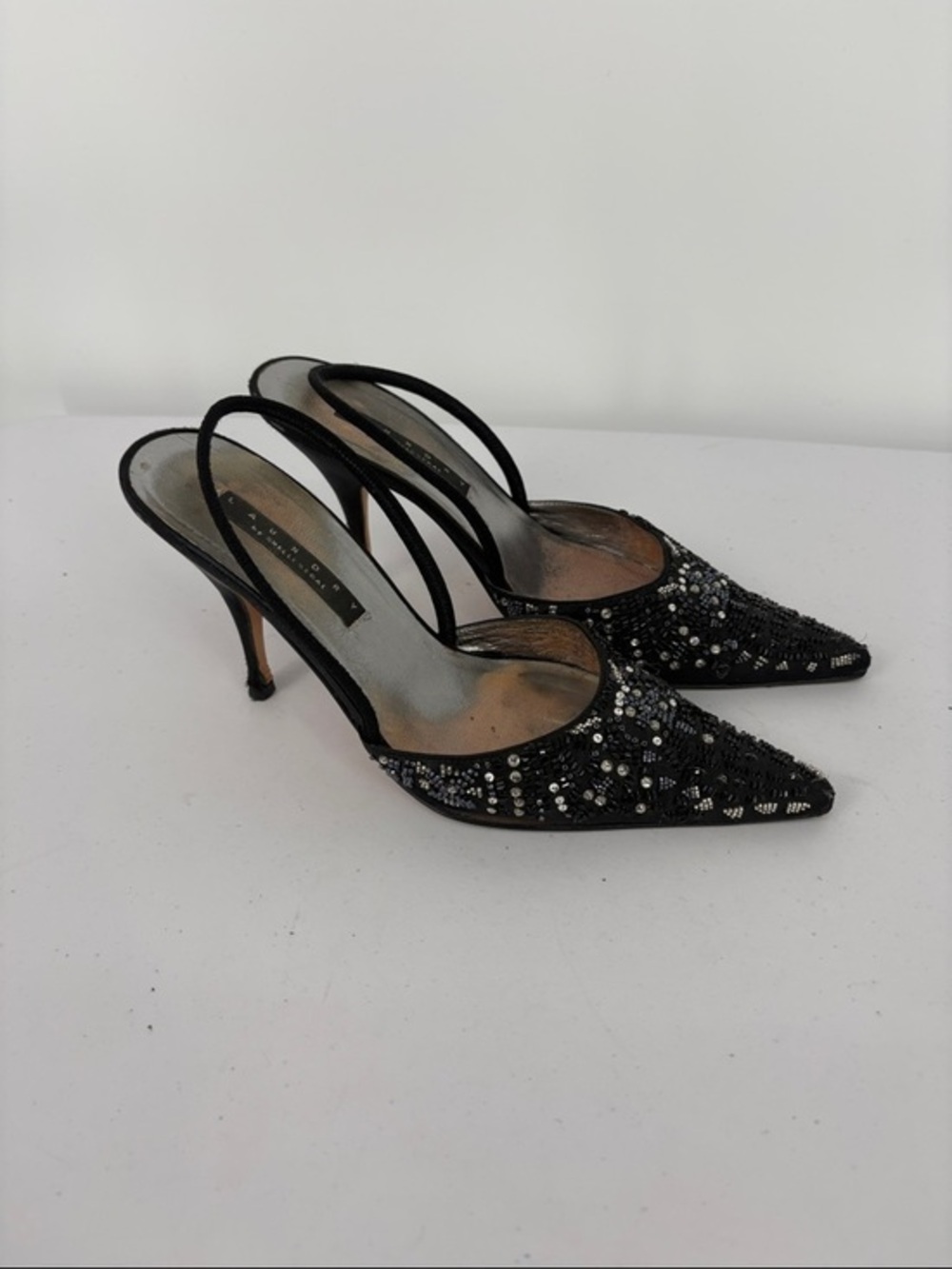 ✂️ Laundry Black satin Beaded Pointed Toe Slingback Heels